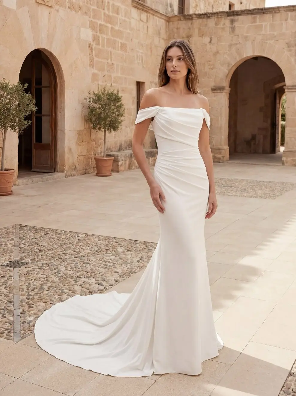 Minimalistic Fit n Flare Brautkleid, erhältlich bei Zauberbraut in Zürich.